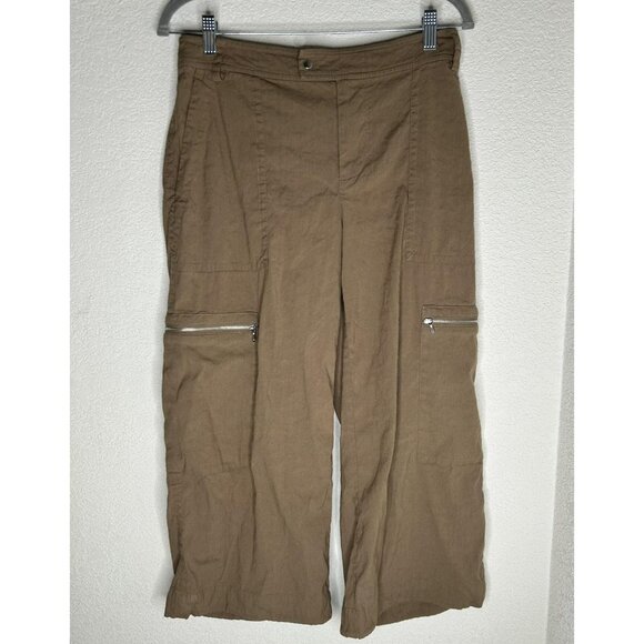 Vince Pants Womens 8 Brown Linen Blend Wide Leg Crop Cargo Zip Pockets Stretch - Picture 1 of 15